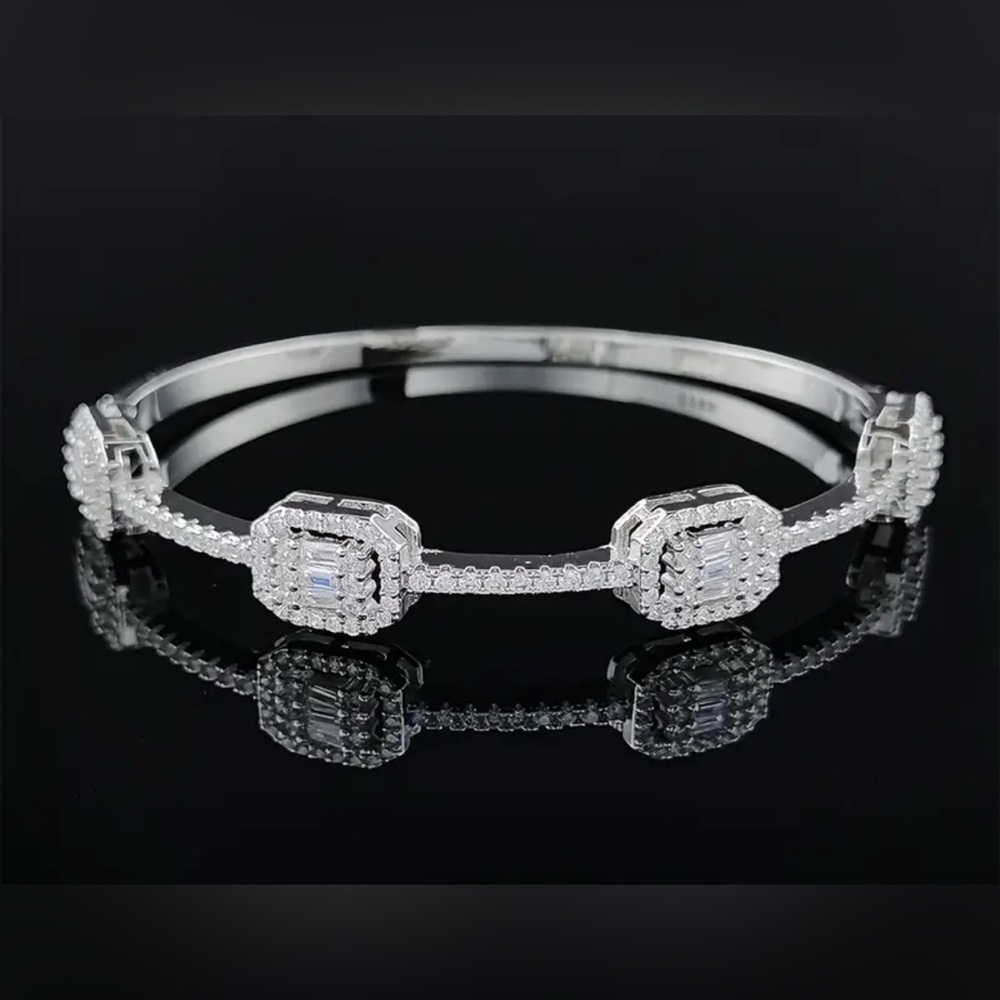 ADINA EDEN White Gold-Plated Baguette CZ Halo Bangle - Picture 3 of 4